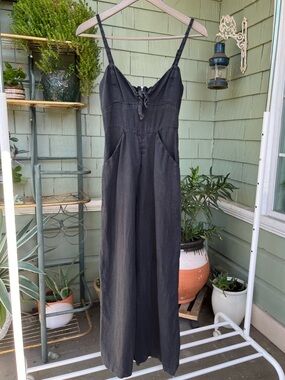 Reformation Black Linen Jumpsuit with Front Tie and Pockets